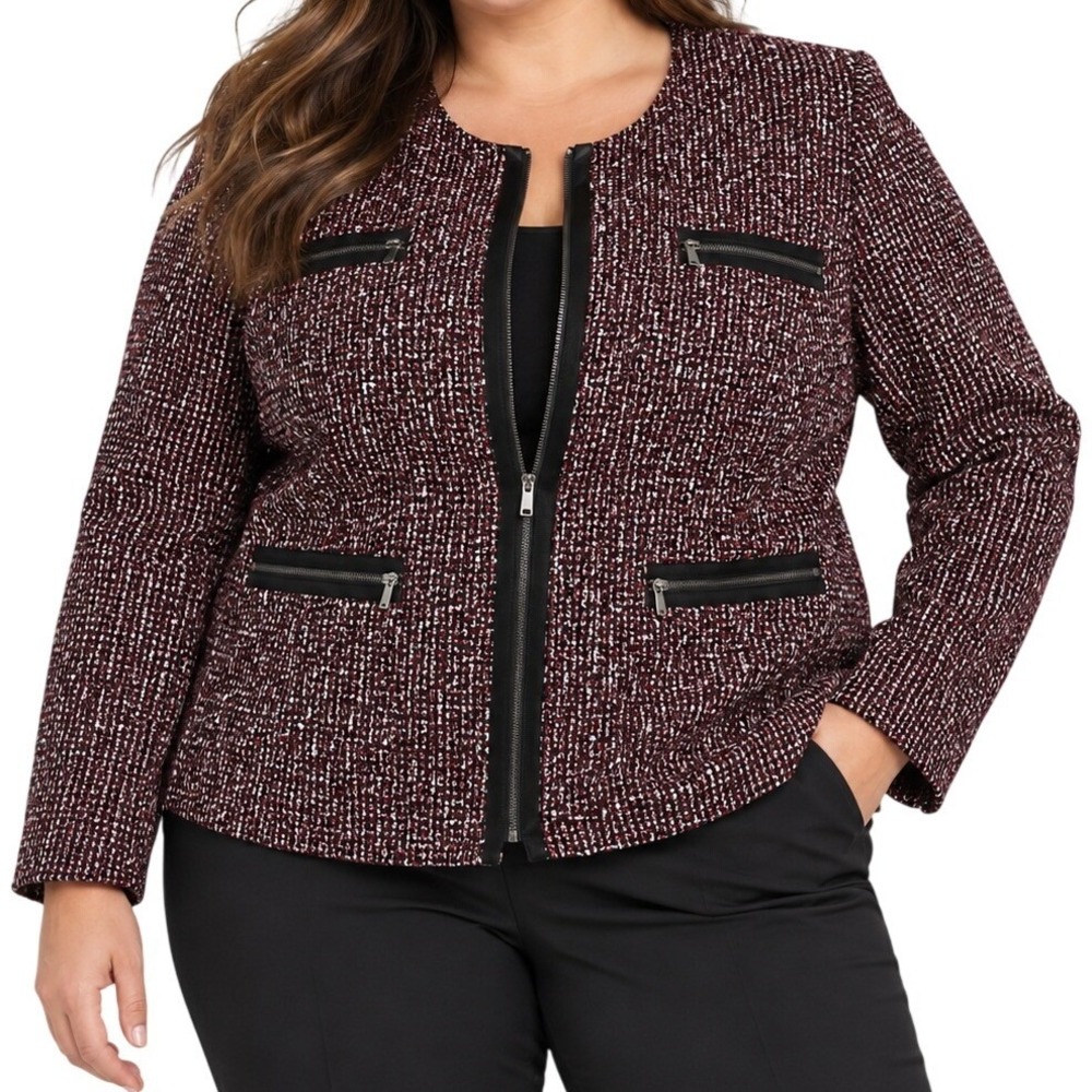 Tahari Burgundy Black White Tweed Zip Jacket Women's 20W